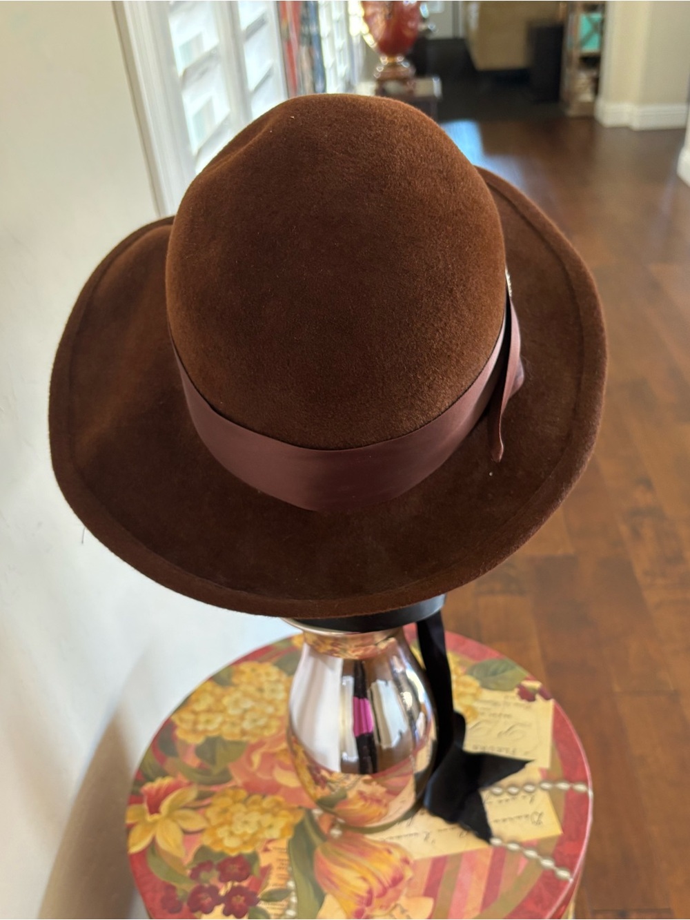 Betmar Vintage Wide-Brim Wool Felt Hat with Satin Band & Rhinestone Accent. - Picture 6 of 6